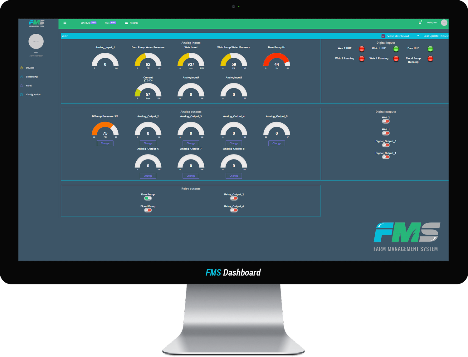 FMS dashboard showing real-time pump and sensor monitoring